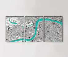 Load image into Gallery viewer, London River Thames Vintage Triptech Map Print Set of 3