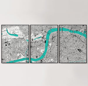 London River Thames Vintage Triptech Map Print Set of 3
