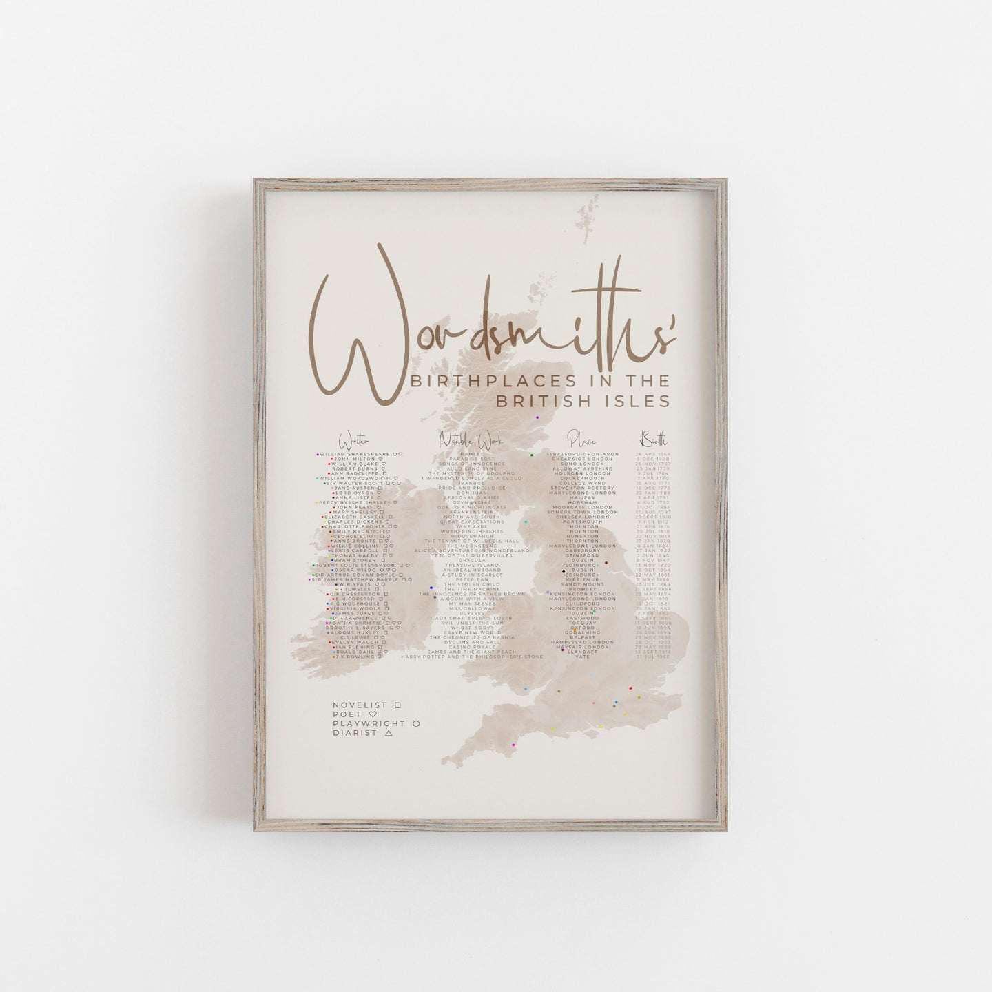 Wordsmiths' Birthplaces in the British Isles Map Print